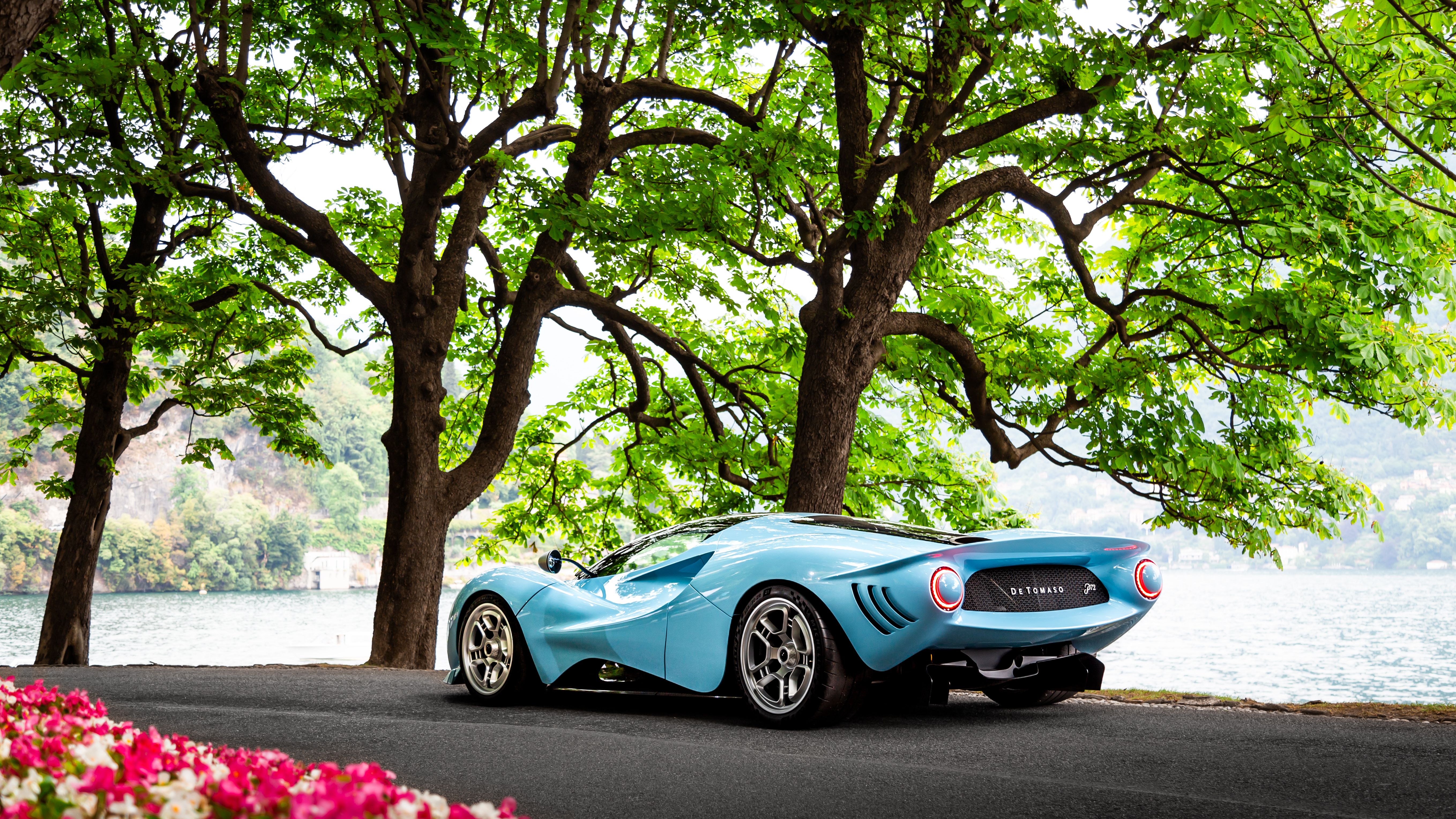 De Tomaso P72 rear three-quarter view by the lake
